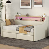 Twin Size Daybed with Storage Drawers, Upholstered Daybed with Charging Station and LED Lights, Beige (Expect arrive date: Jun.,20th.)