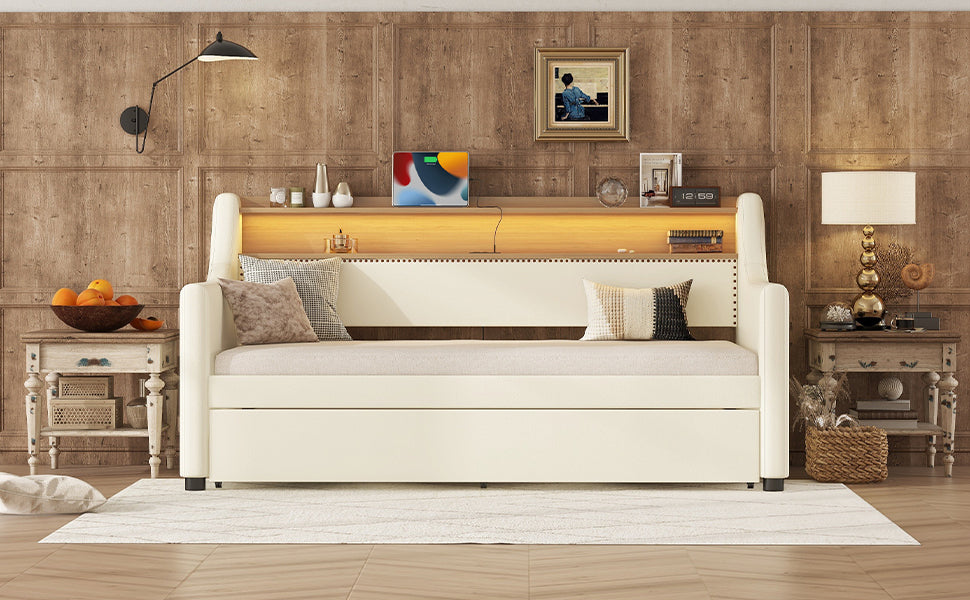 Twin Size Daybed with Trundle, Upholstered Daybed with Charging Station and LED Lights, White (Expect arrive date:May 20th. )