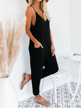 Solid Color V-Neck Pocket Jumpsuit