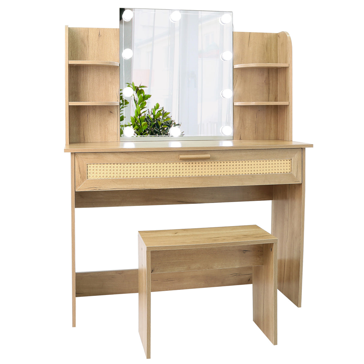 Vanity Desk Set Stool & Dressing Table with LED Lighting Mirror Drawer and Compartments Modern Wood Cosmetic Table Chest of Drawers Nature Color