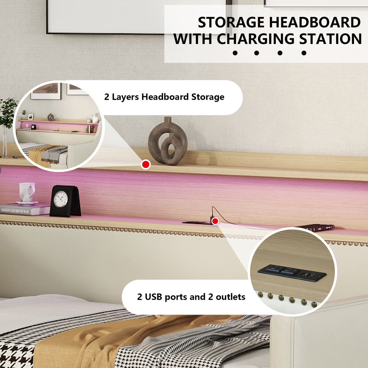 Twin Size Daybed with Storage Drawers, Upholstered Daybed with Charging Station and LED Lights, Beige (Expect arrive date: Jun.,20th.)