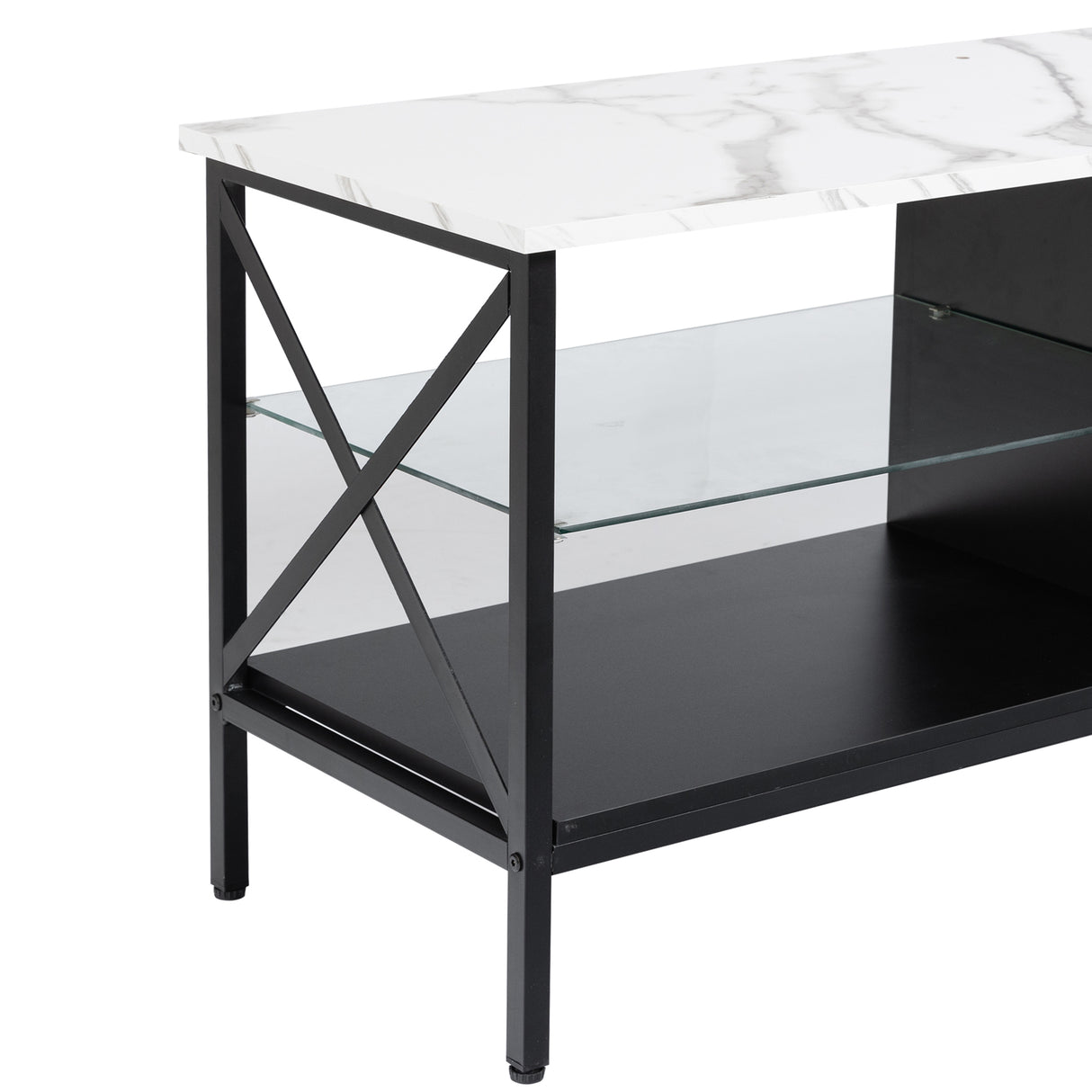TV stand,Iron TV cabinet,entertainment center, TV set, media console, with LED lights, remote control,toughened glass stand,can be placed in the living room, bedroom, color:white with marble texture