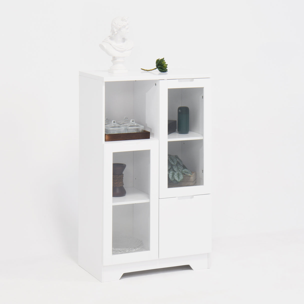 Wooden Floor Cabinet with 2 Glass Doors and 2 Storage Space,White ,Living Room Bathroom Entryway White