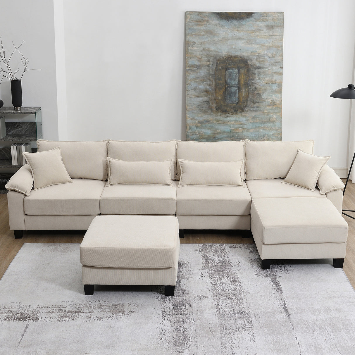 [New]Wide Seat Corduroy Modular Sectional Sofa Bed, Sleeper Couch Set with Armrest Pillow,6 Seat Free Combination Sofa with Ottomans, Oversized Indoor Furniture for Living Room, 2 Colors