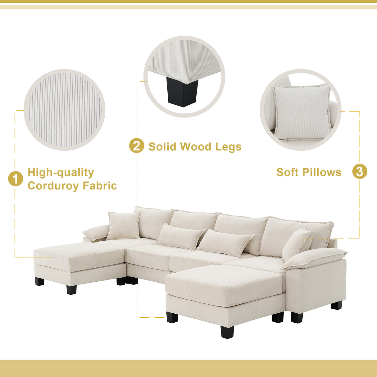 [New]Wide Seat Corduroy Modular Sectional Sofa Bed, Sleeper Couch Set with Armrest Pillow,6 Seat Free Combination Sofa with Ottomans, Oversized Indoor Furniture for Living Room, 2 Colors