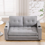 {VIDEO Provided}3-in-1 Upholstered Futon Sofa Convertible Sofa bed,Foldable Tufted Loveseat with Pull Out Sleeper Couch Bed,Folding Mattres Love Seat Daybed W/Side Pockets and Cup Holder, Light Gray