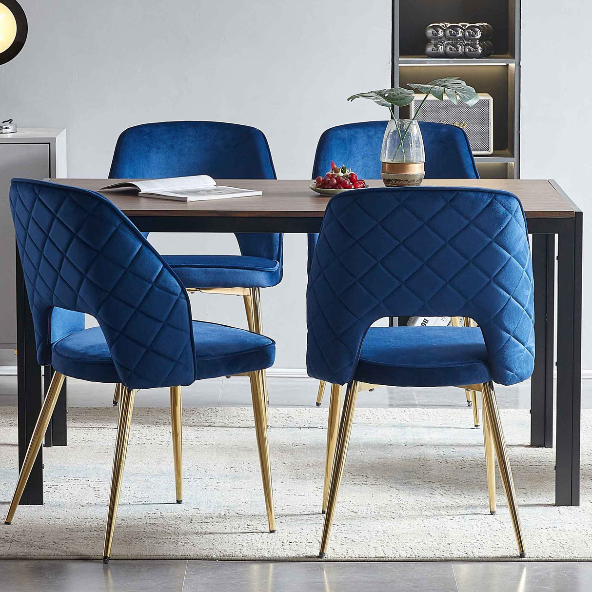 Blue Velvet Dining Chairs with Metal Legs and Hollow Back Upholstered Dining Chairs Set of 4