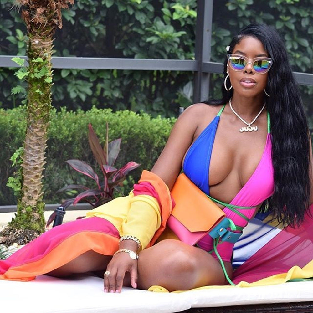 Sexy Candy Color Positioning Printing, Stitching Two-piece Swimsuit