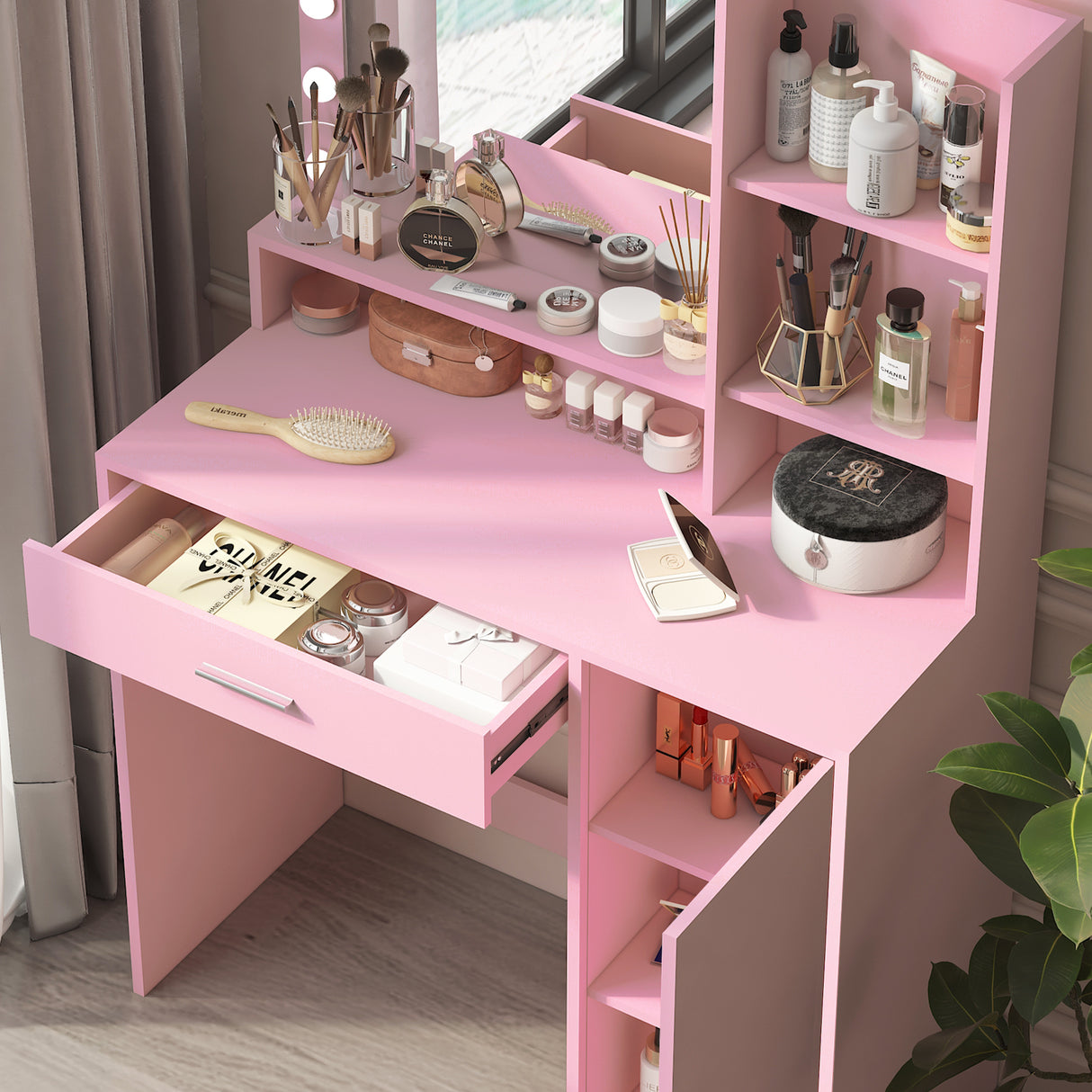 Vanity Desk with Mirror & Light, Large Drawer Three Level Storage Dresser, 3 Lighting Modes Adjustable Brightness, Bedroom Dressing Table (Pink)