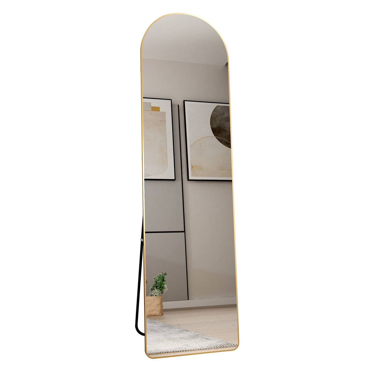 The third generation floor mounted full length rearview mirror. Aluminum alloy metal frame arched wall mirror, bathroom makeup mirror, clothing store, wall mounted. Gold 60 "*16.5"W115158172