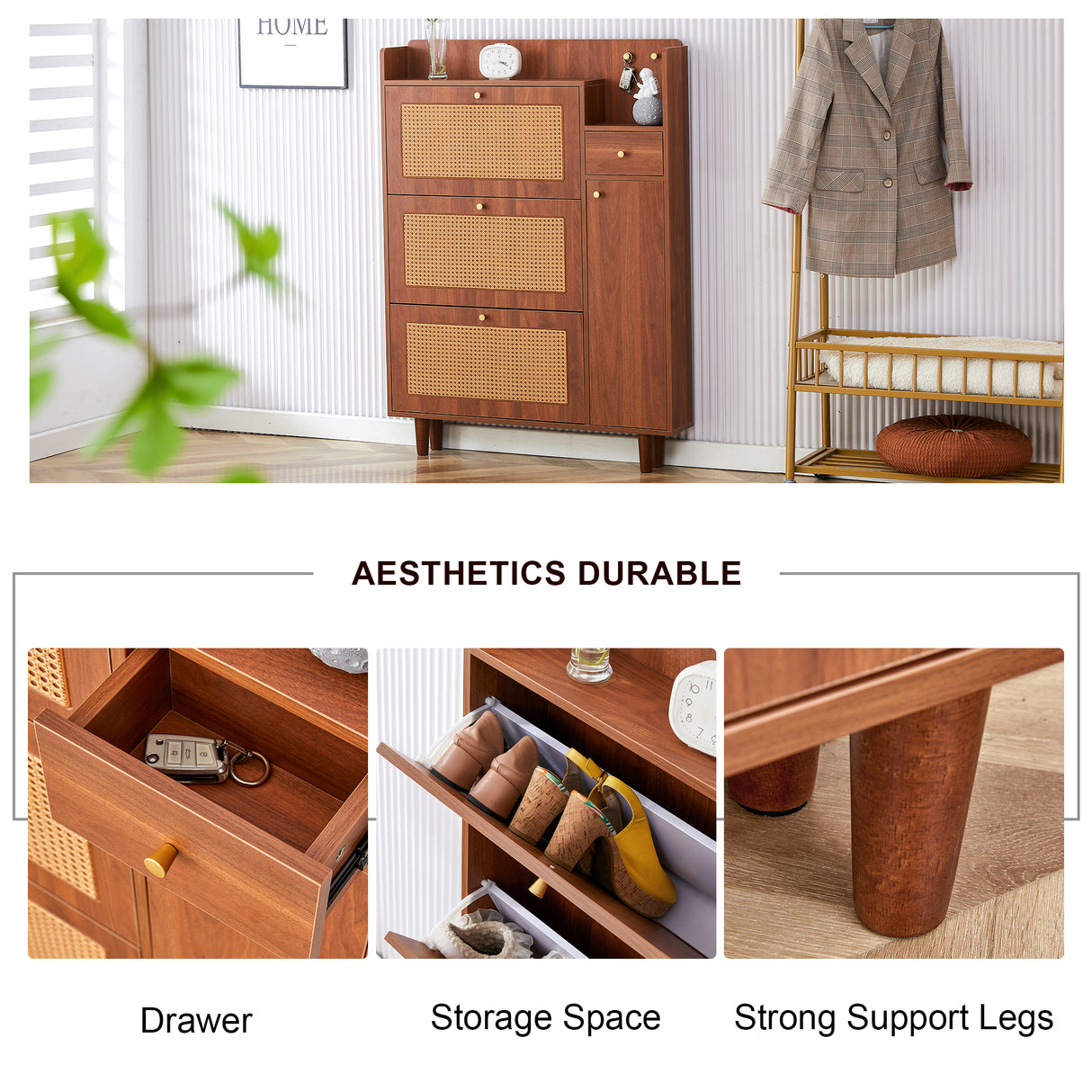 Japanese rattan shoe cabinet, bed top cabinet Brown