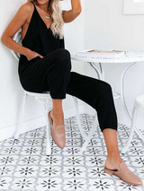 Solid Color V-Neck Pocket Jumpsuit