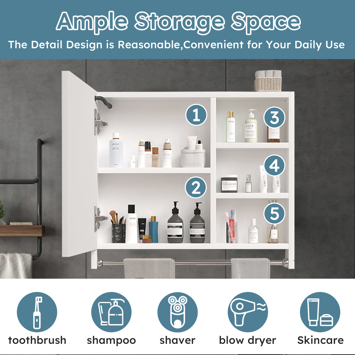 Modern 32x28inches bathroom cabinets, medicine cabinets with mirrors and LED lights, bathroom lockers with multilevel storage compartments and towel rails