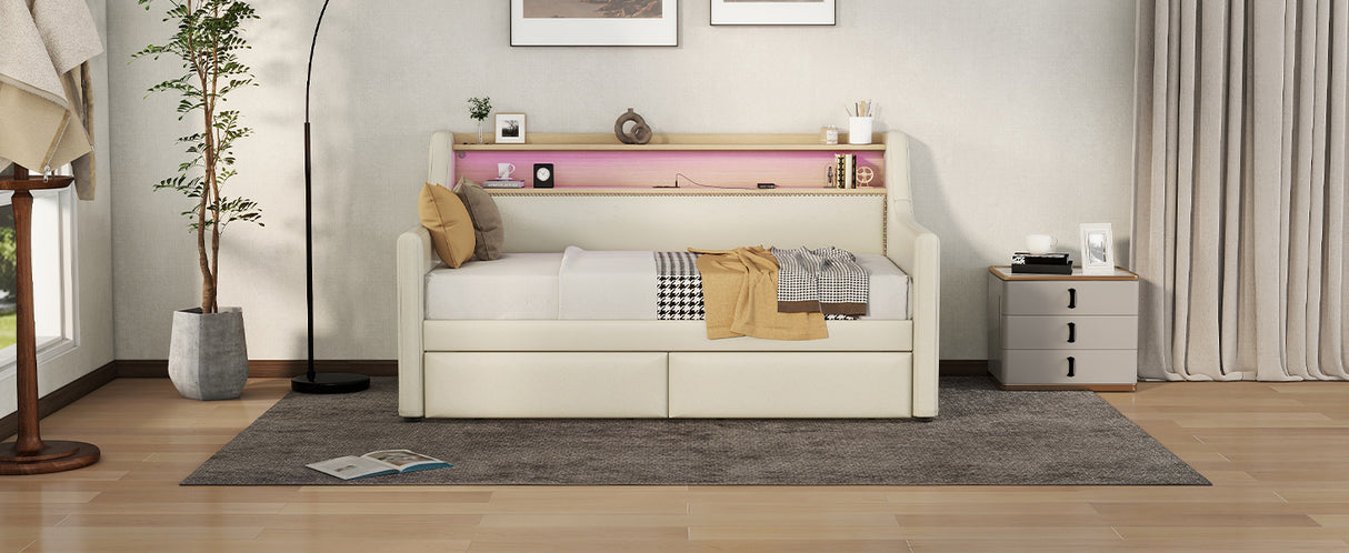 Twin Size Daybed with Storage Drawers, Upholstered Daybed with Charging Station and LED Lights, Beige (Expect arrive date: Jun.,20th.)