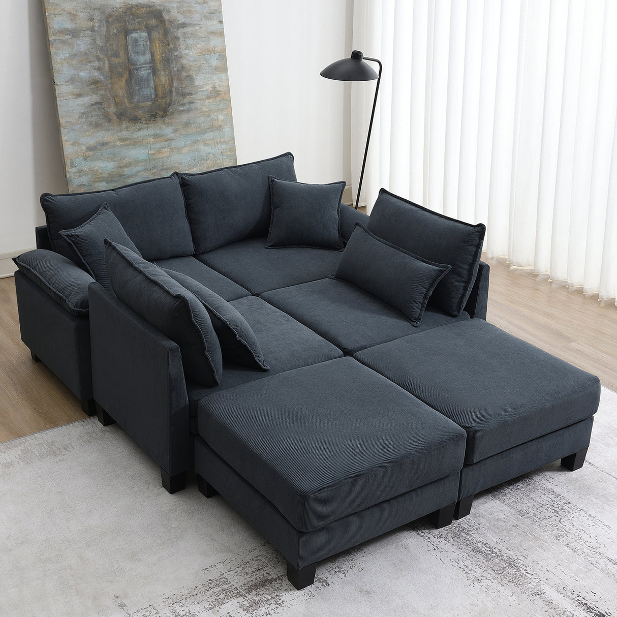 [New]Wide Seat Corduroy Modular Sectional Sofa Bed, Sleeper Couch Set with Armrest Pillow,6 Seat Free Combination Sofa with Ottomans, Oversized Indoor Furniture for Living Room, 2 Colors