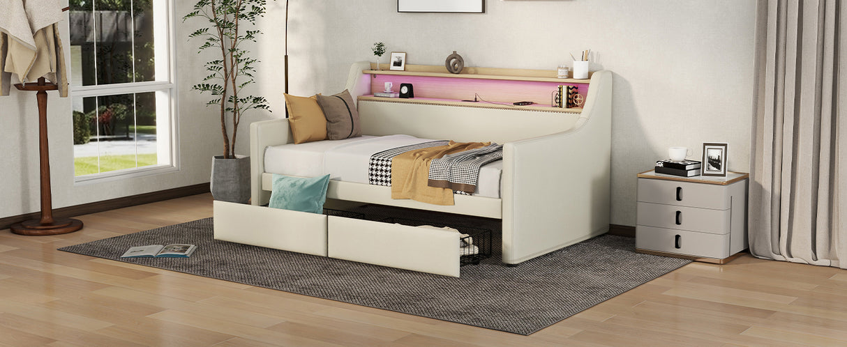 Twin Size Daybed with Storage Drawers, Upholstered Daybed with Charging Station and LED Lights, Beige (Expect arrive date: Jun.,20th.)