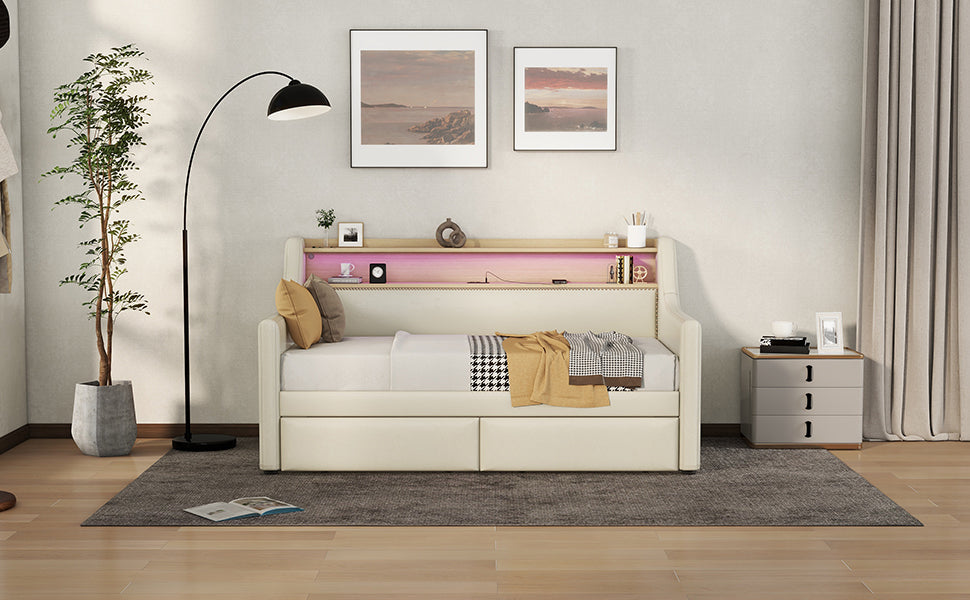 Twin Size Daybed with Storage Drawers, Upholstered Daybed with Charging Station and LED Lights, Beige (Expect arrive date: Jun.,20th.)