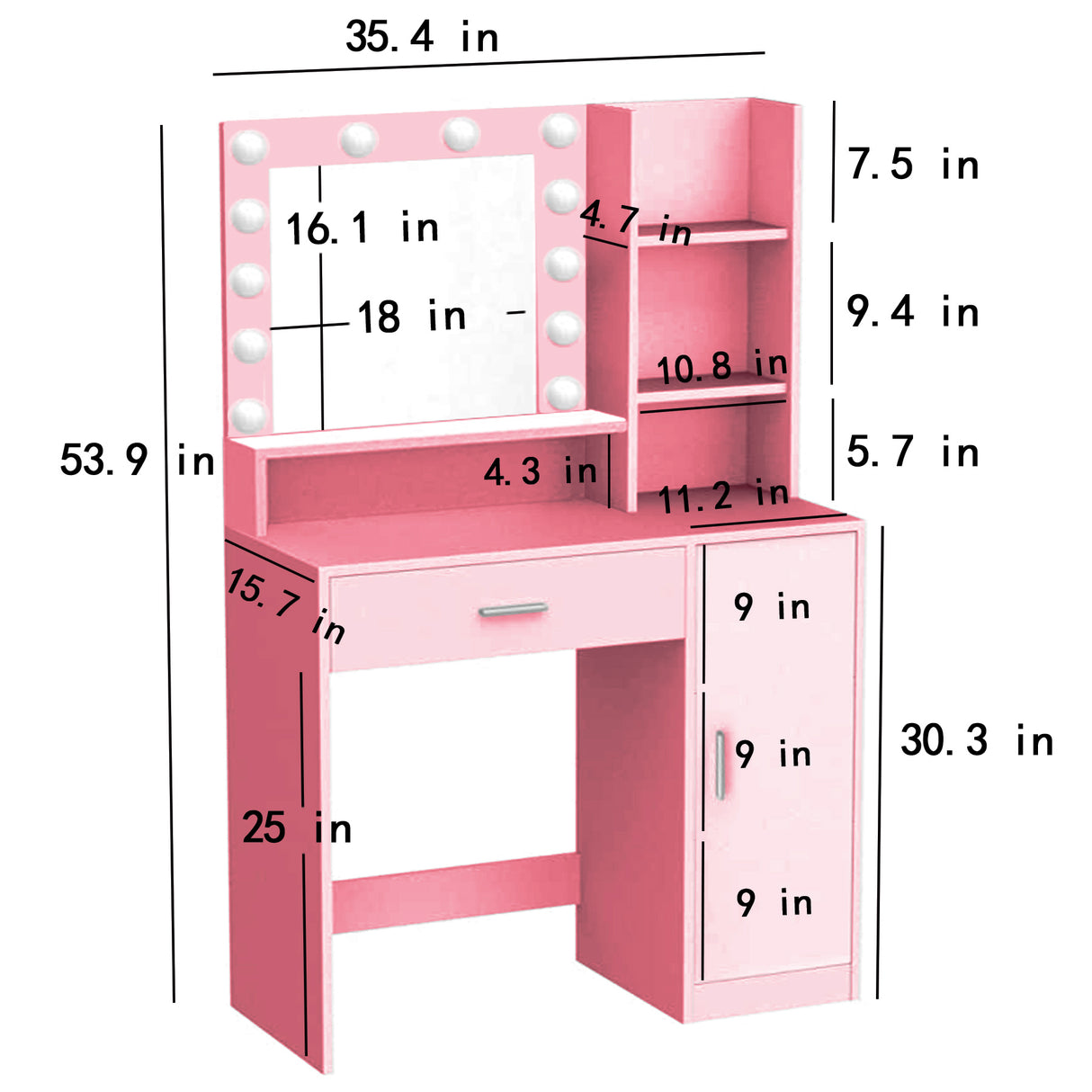 Vanity Desk with Mirror & Light, Large Drawer Three Level Storage Dresser, 3 Lighting Modes Adjustable Brightness, Bedroom Dressing Table (Pink)