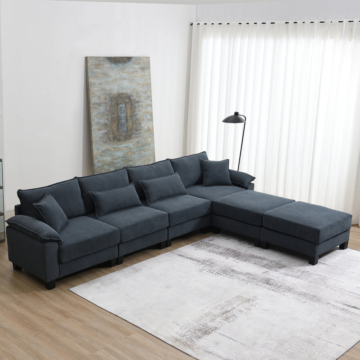[New]Wide Seat Corduroy Modular Sectional Sofa Bed, Sleeper Couch Set with Armrest Pillow,6 Seat Free Combination Sofa with Ottomans, Oversized Indoor Furniture for Living Room, 2 Colors