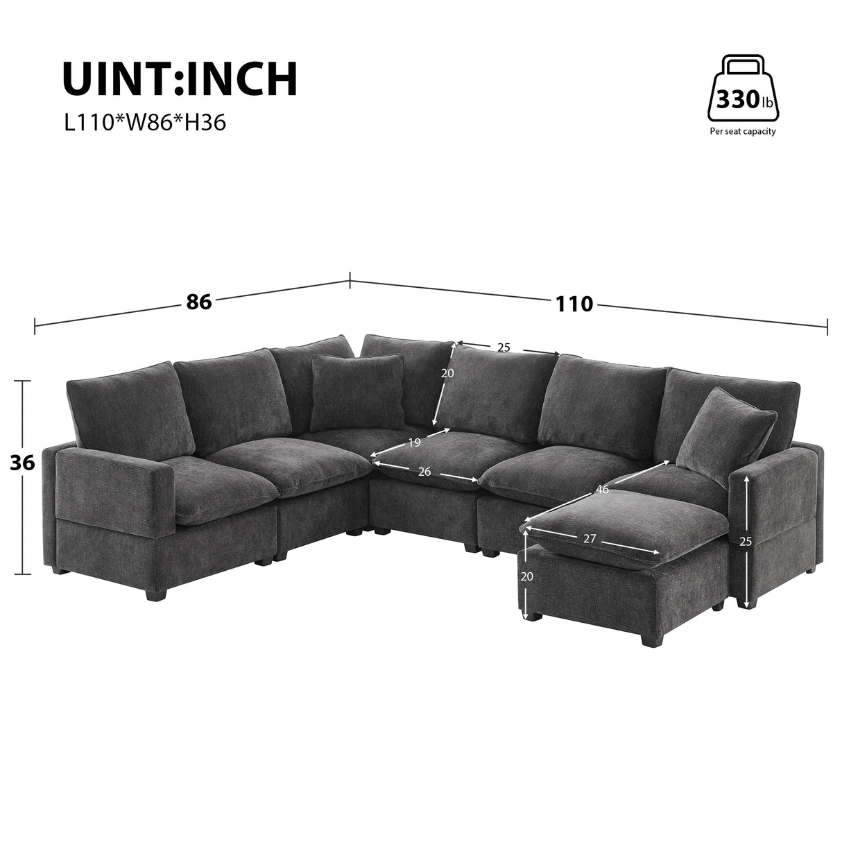 [VIDEO provided] [New] 110*84" Modern U Shape Modular Sofa, 7 Seat Chenille Sectional Couch Set with 2 Pillows Included, Freely Combinable Indoor Funiture for Living Room, Apartment, Office, 2 Colors