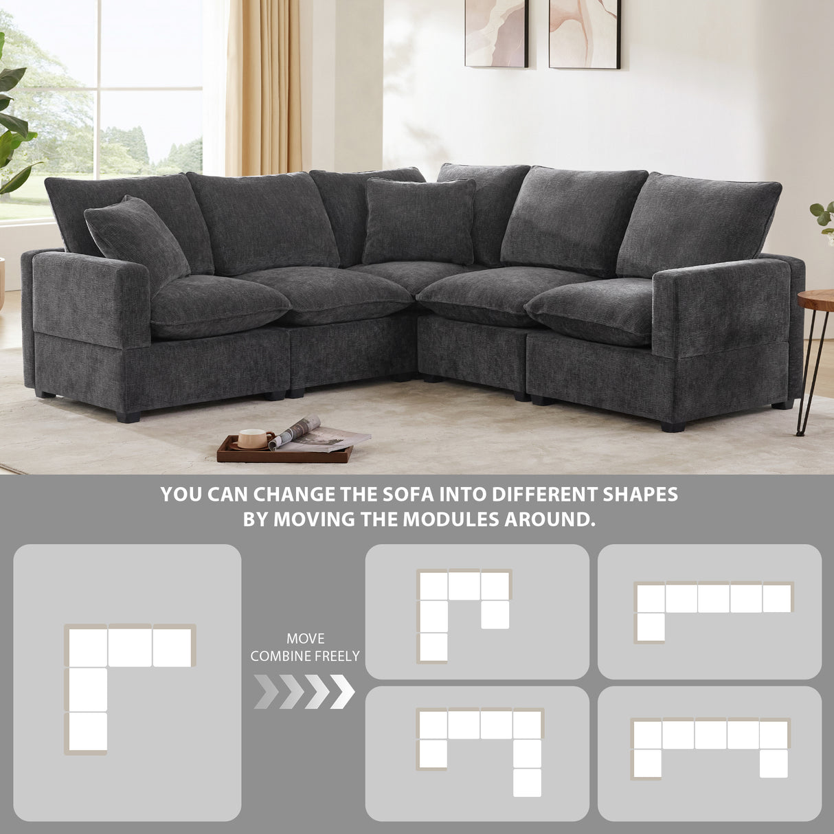 [VIDEO provided] [New] 84*84" Modern L Shape Modular Sofa, 5 Seat Chenille Sectional Couch Set with 2 Pillows Included, Freely Combinable Indoor Funiture for Living Room, Apartment, Office, 2 Colors