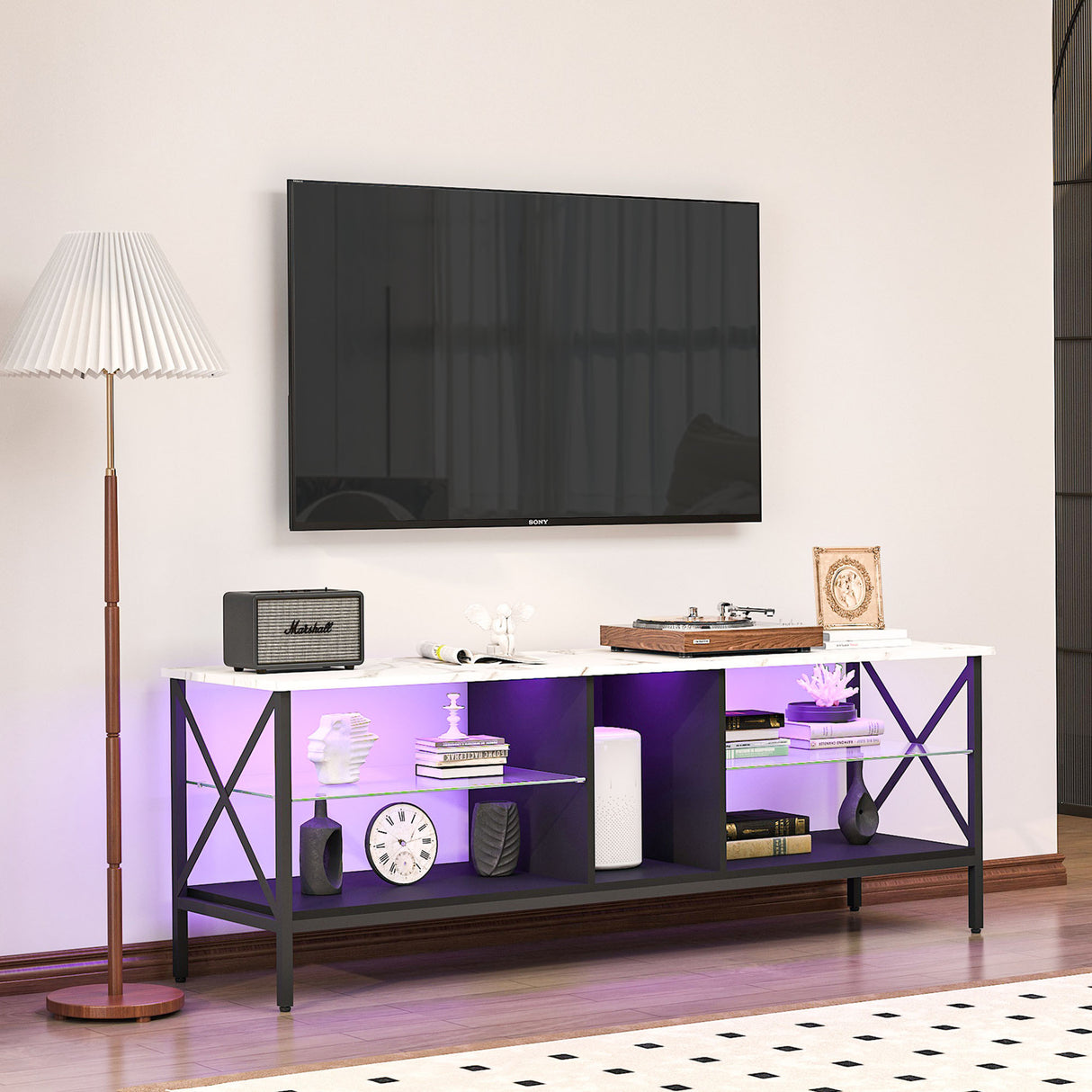 TV stand,Iron TV cabinet,entertainment center, TV set, media console, with LED lights, remote control,toughened glass stand,can be placed in the living room, bedroom, color:white with marble texture