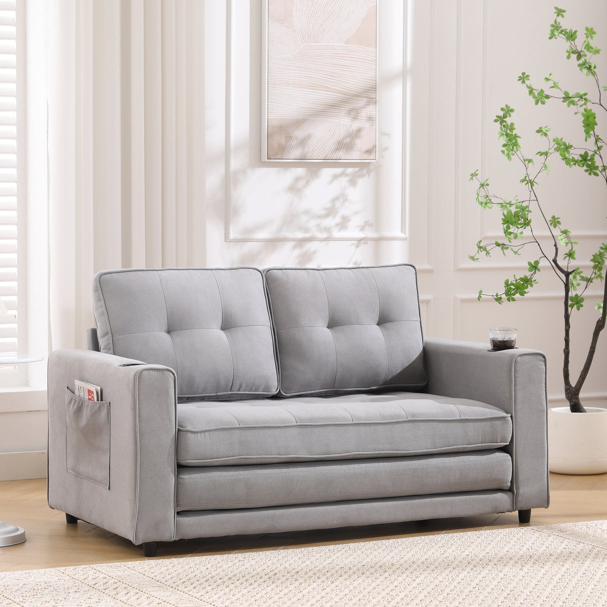 {VIDEO Provided}3-in-1 Upholstered Futon Sofa Convertible Sofa bed,Foldable Tufted Loveseat with Pull Out Sleeper Couch Bed,Folding Mattres Love Seat Daybed W/Side Pockets and Cup Holder, Light Gray