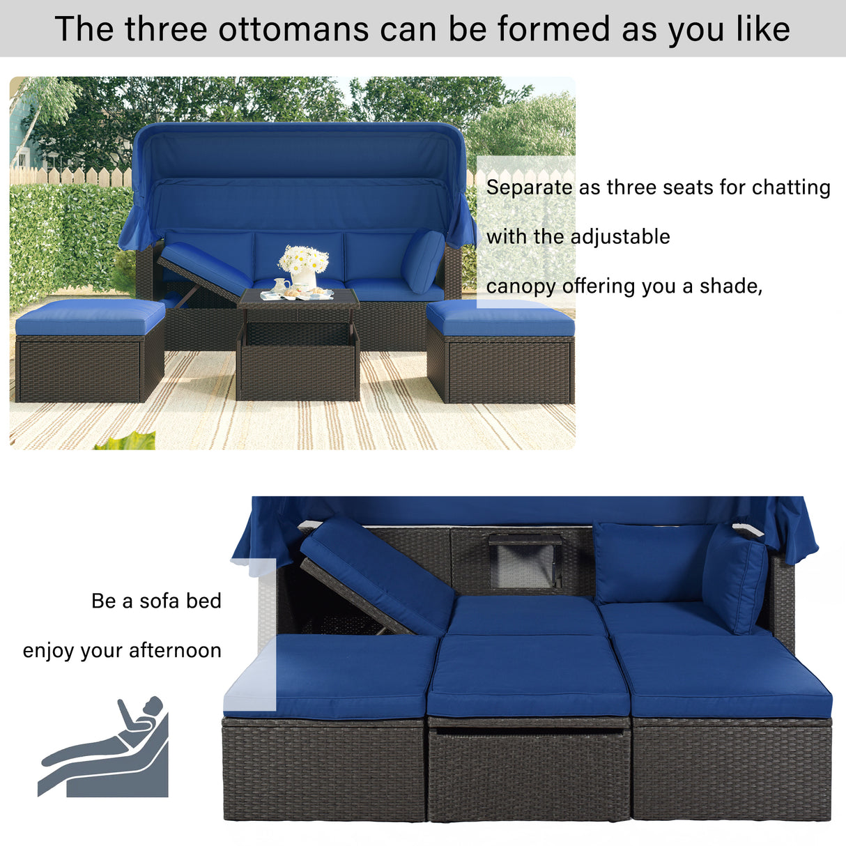U_Style Outdoor Patio Rectangle Daybed with Retractable Canopy,  Wicker Furniture Sectional Seating with Washable Cushions, Backyard, Porch(As same as WY000263AAE)