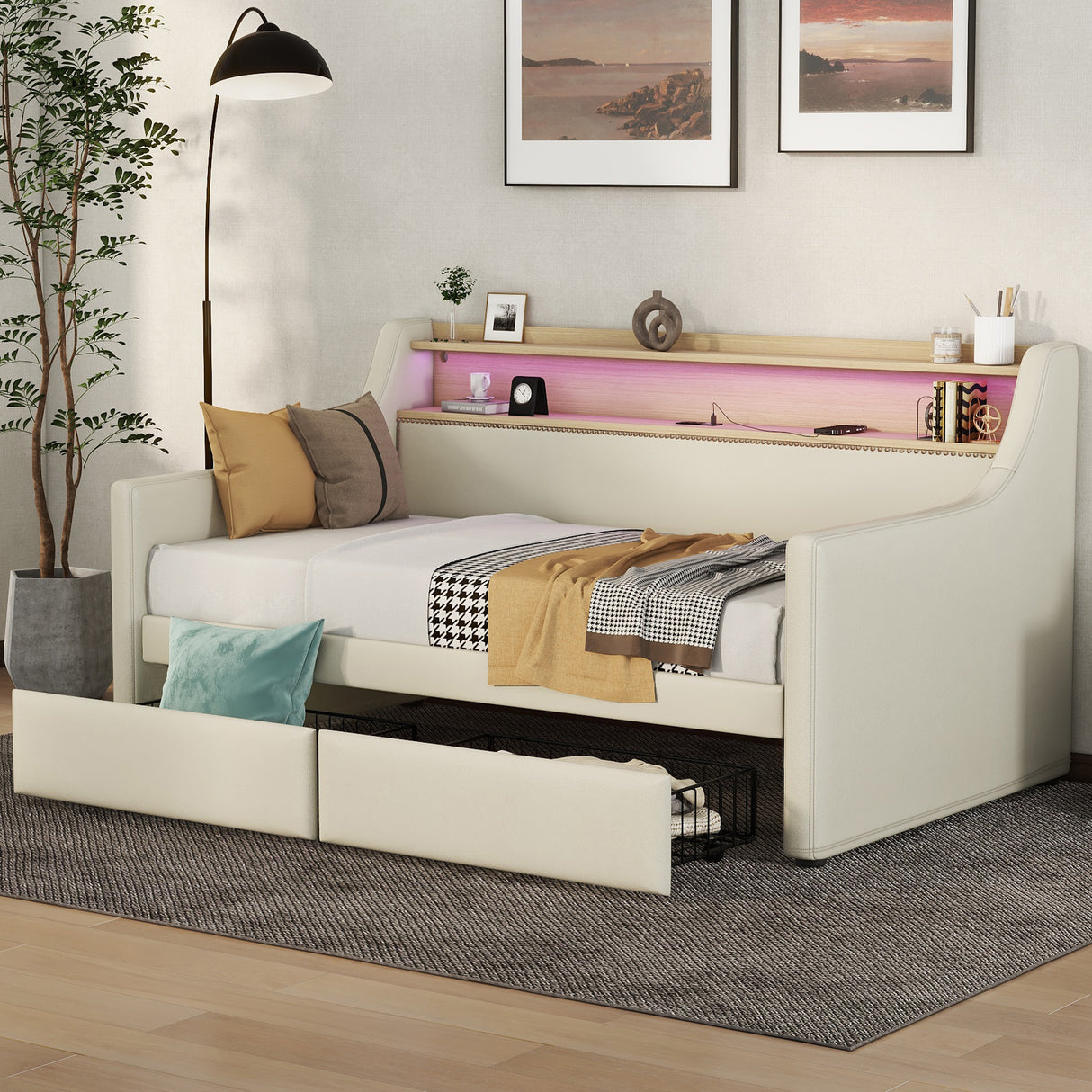Twin Size Daybed with Storage Drawers, Upholstered Daybed with Charging Station and LED Lights, Beige (Expect arrive date: Jun.,20th.)
