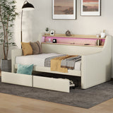 Twin Size Daybed with Storage Drawers, Upholstered Daybed with Charging Station and LED Lights, Beige (Expect arrive date: Jun.,20th.)