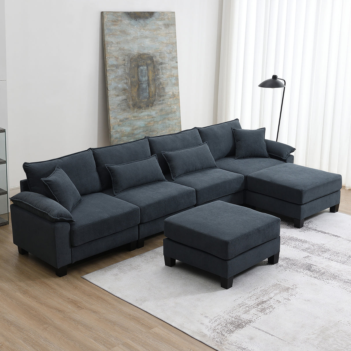 [New]Wide Seat Corduroy Modular Sectional Sofa Bed, Sleeper Couch Set with Armrest Pillow,6 Seat Free Combination Sofa with Ottomans, Oversized Indoor Furniture for Living Room, 2 Colors