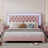 Queen Size Upholstered Bed Frame with LED Lights,Modern Velvet Platform Bed with Tufted Headboard,Pink