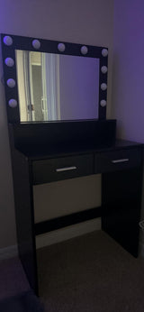 Vanity Desk with Mirror and Lights, Dressing Table with Large Drawer, 2 Level Storage Dresser & 3 Lighting Modes Adjustable Brightness, Suitable for Bedroom(Black)