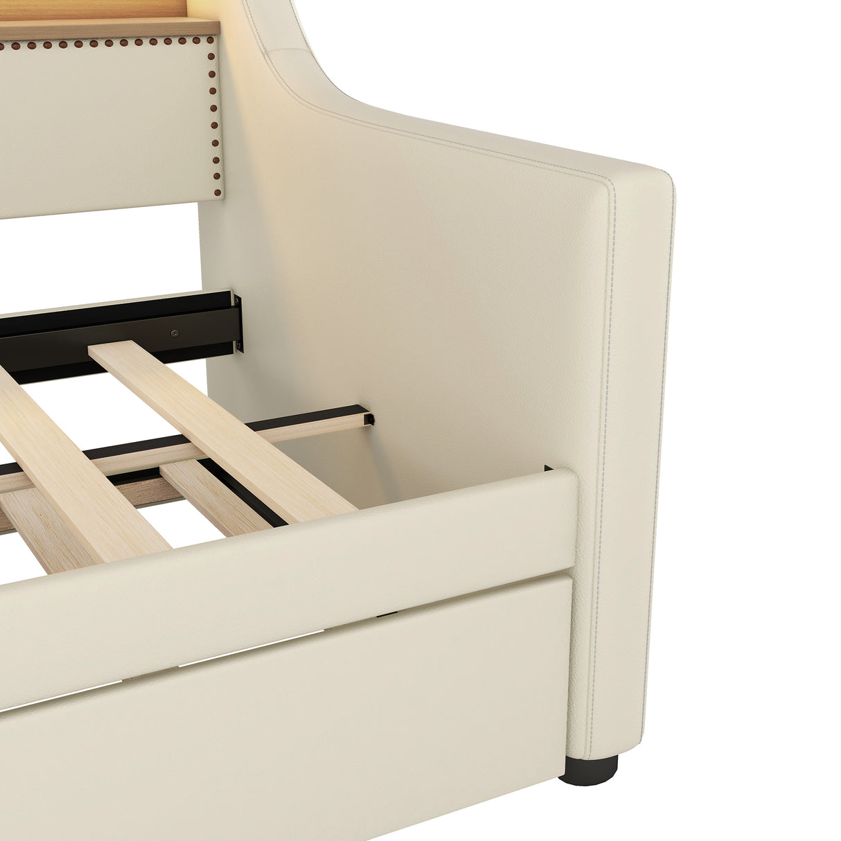 Twin Size Daybed with Trundle, Upholstered Daybed with Charging Station and LED Lights, Beige (Expect arrive date:May 20th.)