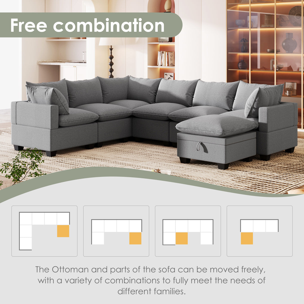 [VIDEO provided][New] 120*93" Modern U Shape Modular Sofa with Storage Ottoman,Luxury 7 Seat Sectional Couch Set with 2 Pillows Included,Freely Combinable Indoor Funiture for Living Room, Apartment