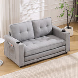 {VIDEO Provided}3-in-1 Upholstered Futon Sofa Convertible Sofa bed,Foldable Tufted Loveseat with Pull Out Sleeper Couch Bed,Folding Mattres Love Seat Daybed W/Side Pockets and Cup Holder, Light Gray