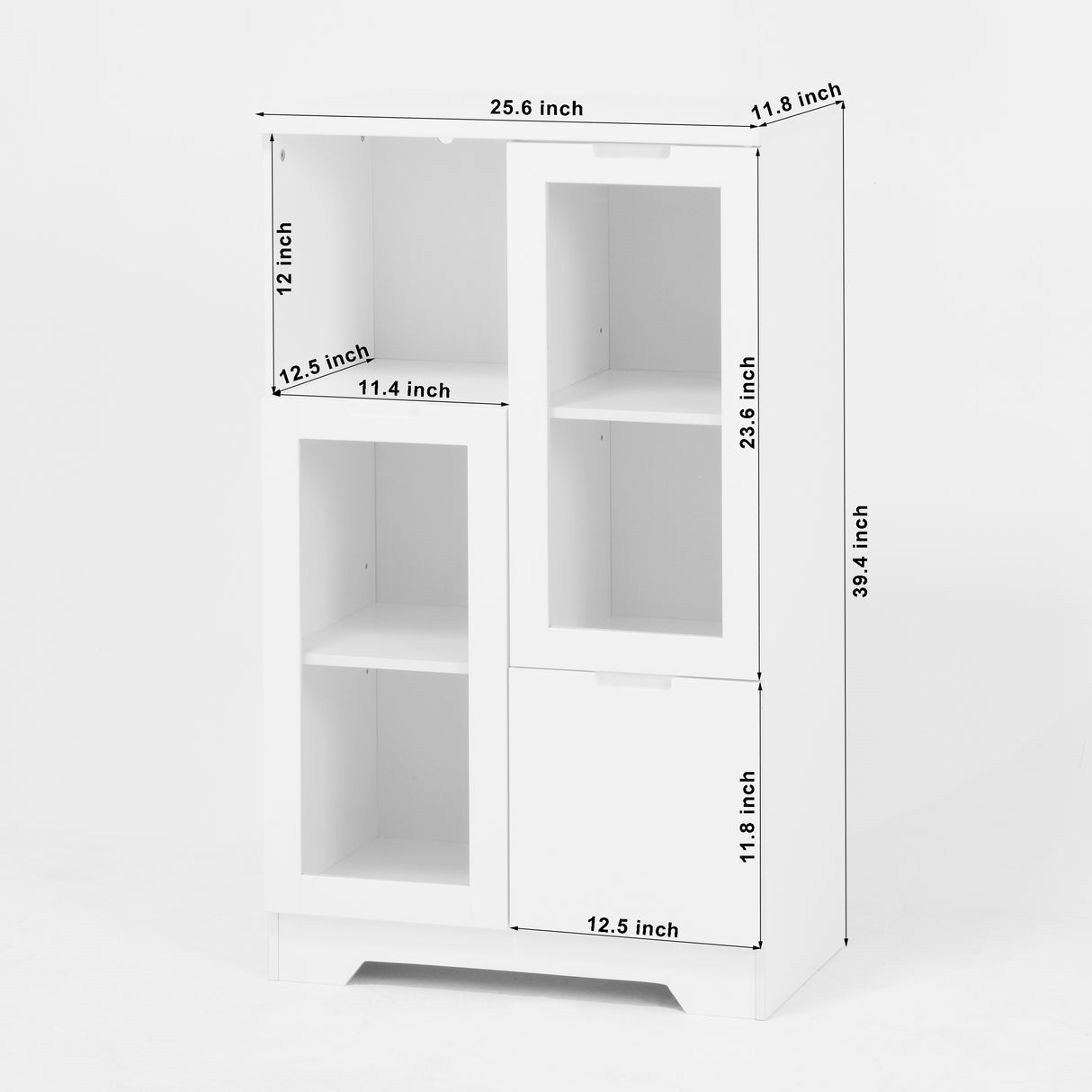 Wooden Floor Cabinet with 2 Glass Doors and 2 Storage Space,White ,Living Room Bathroom Entryway White