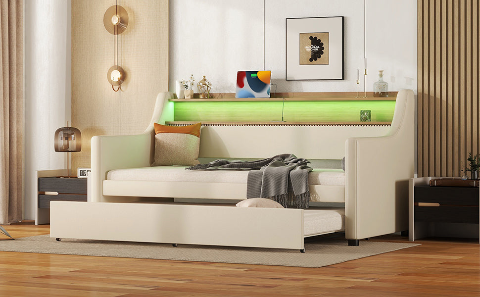Twin Size Daybed with Trundle, Upholstered Daybed with Charging Station and LED Lights, Beige (Expect arrive date:May 20th.)