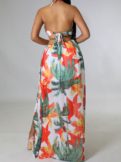 Printed Backless Side Slit Halter Dress H6VE68KF2K