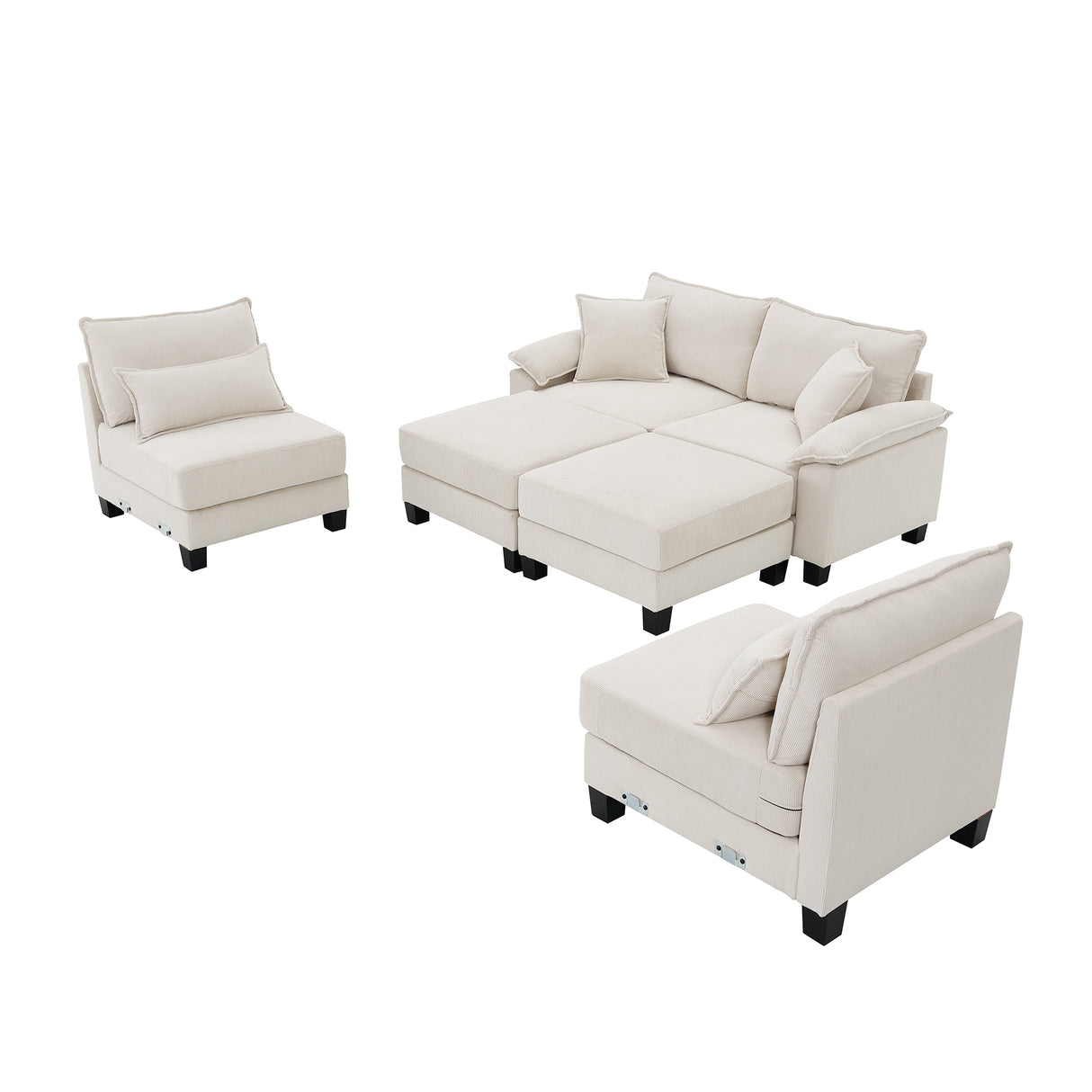 [New]Wide Seat Corduroy Modular Sectional Sofa Bed, Sleeper Couch Set with Armrest Pillow,6 Seat Free Combination Sofa with Ottomans, Oversized Indoor Furniture for Living Room, 2 Colors