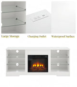 TV Stand Electric Fireplace TV Stand with Glass Shelves, 3D Fireplace TV Stand with LED Lights Wood with USB Charging Outlet Modern Television Table Center for TV up to 32-62" White 58''W*15.5''D*24.4
