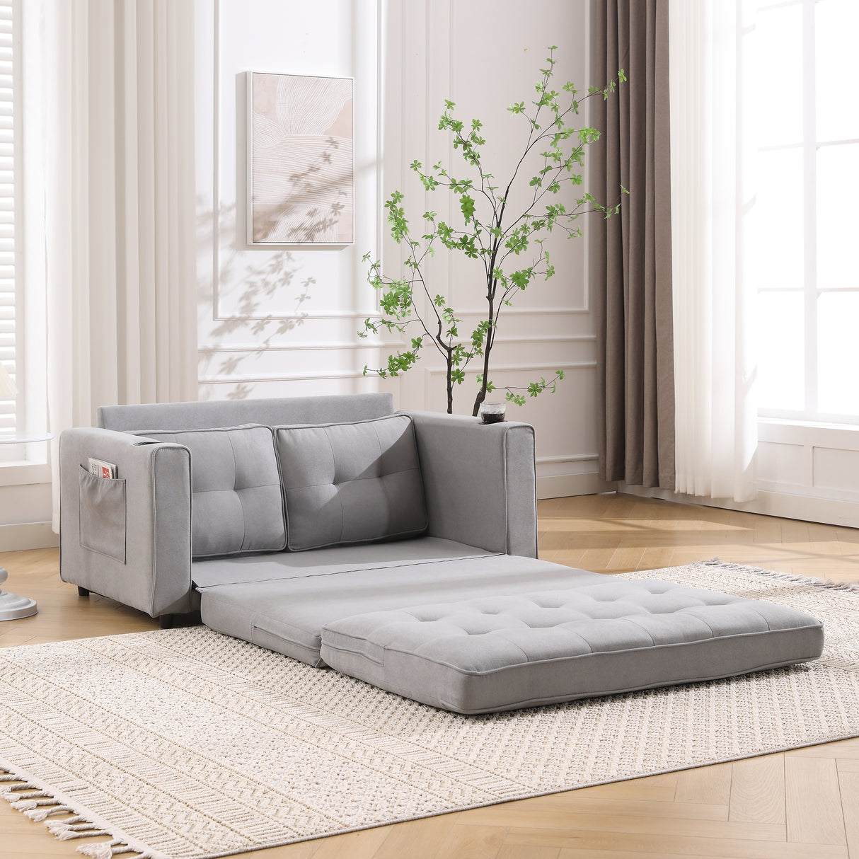 {VIDEO Provided}3-in-1 Upholstered Futon Sofa Convertible Sofa bed,Foldable Tufted Loveseat with Pull Out Sleeper Couch Bed,Folding Mattres Love Seat Daybed W/Side Pockets and Cup Holder, Light Gray