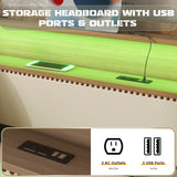 Twin Size Daybed with Trundle, Upholstered Daybed with Charging Station and LED Lights, Beige (Expect arrive date:May 20th.)