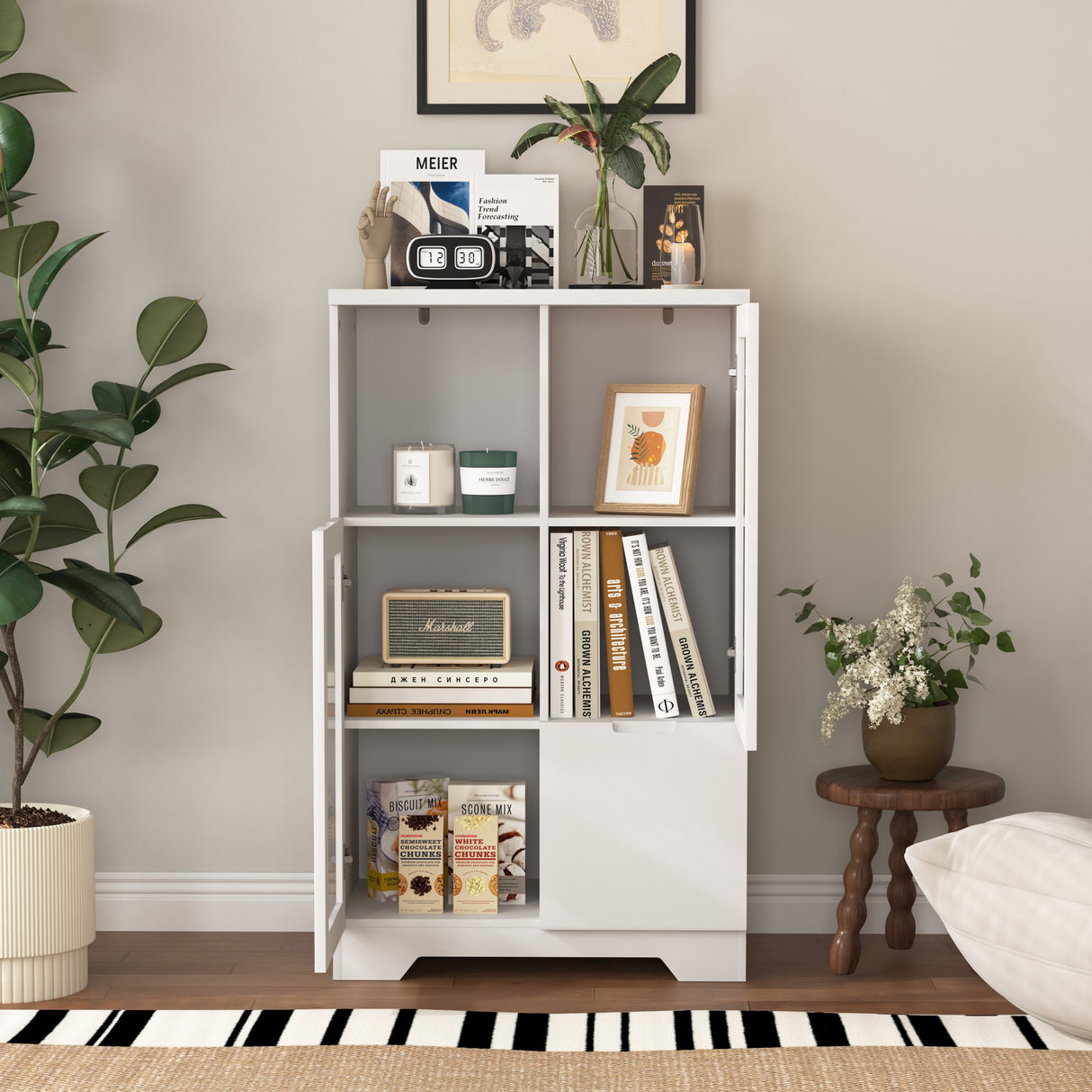 Wooden Floor Cabinet with 2 Glass Doors and 2 Storage Space,White ,Living Room Bathroom Entryway White