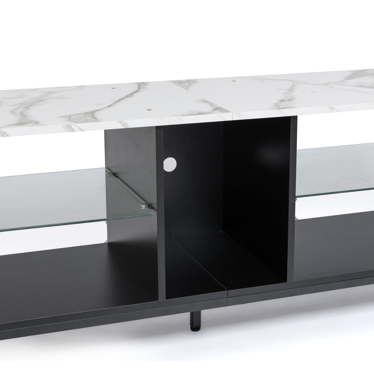 TV stand,Iron TV cabinet,entertainment center, TV set, media console, with LED lights, remote control,toughened glass stand,can be placed in the living room, bedroom, color:white with marble texture