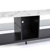 TV stand,Iron TV cabinet,entertainment center, TV set, media console, with LED lights, remote control,toughened glass stand,can be placed in the living room, bedroom, color:white with marble texture
