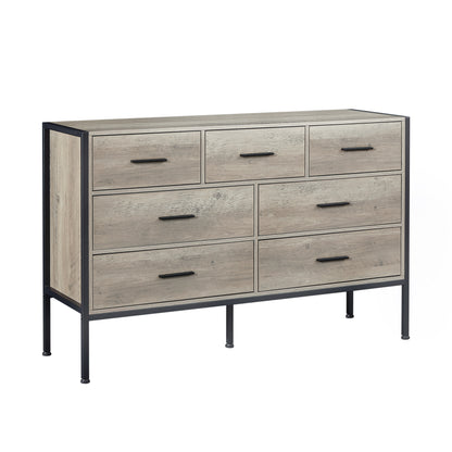 Wood Dresser with 7 Drawers, Wooden Storage Closet for Bedroom, Solid Clothes Cabinet with Sturdy Steel Frame, 48.58"W×15.75"D×31.22"H, 48 inch, Rustic Grey