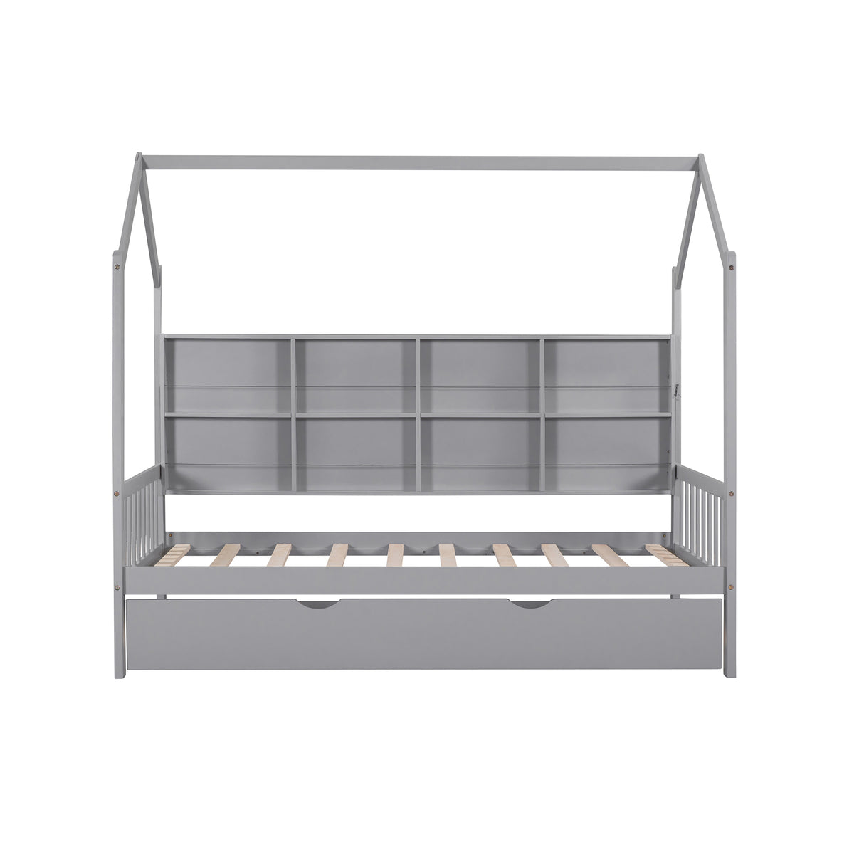 Wooden Twin Size House Bed with Trundle,Kids Bed with Shelf, Gray