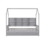 Wooden Twin Size House Bed with Trundle,Kids Bed with Shelf, Gray