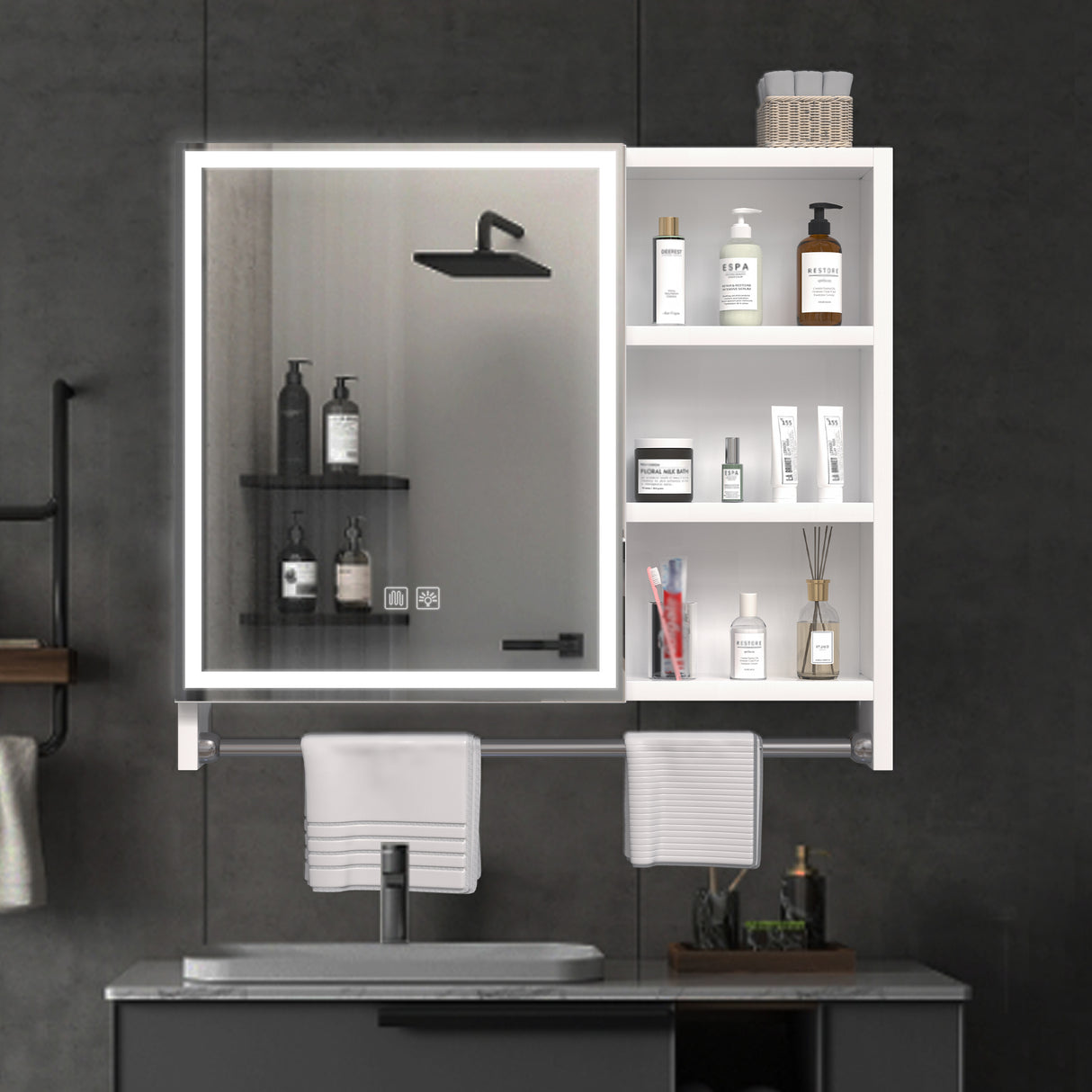 Modern 32x28inches bathroom cabinets, medicine cabinets with mirrors and LED lights, bathroom lockers with multilevel storage compartments and towel rails